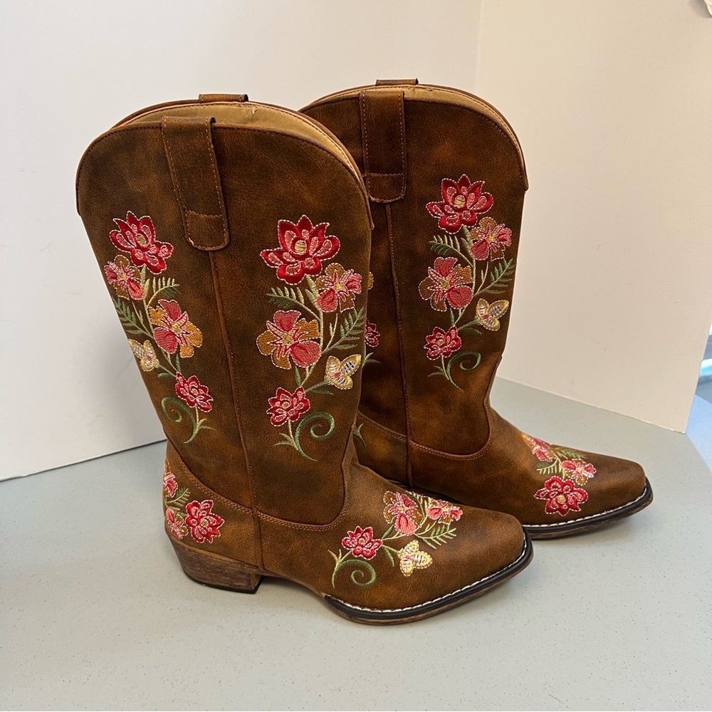 Roper Western Cowboy Flower Floral Boots Fabric Faux Leather Sz 8